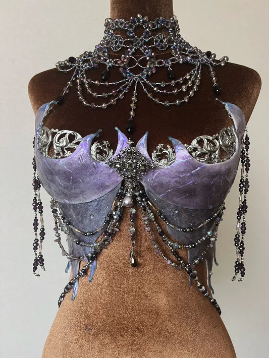 qgtao Purple 3D Printed Corset Unrestrained Sea Demon Top Amethyst Beaded Fish Tail Chest (without Necklace)  Nightclub Wear Corset