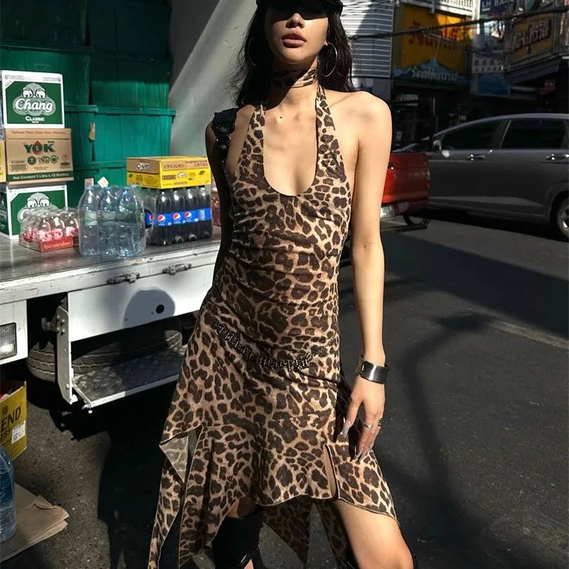 qgtao Leopard Printed Sexy Woman Dresses Vintage Mini Backless Y2k Dress Short Streetwear Party Female Fashion Hotsweet Chic