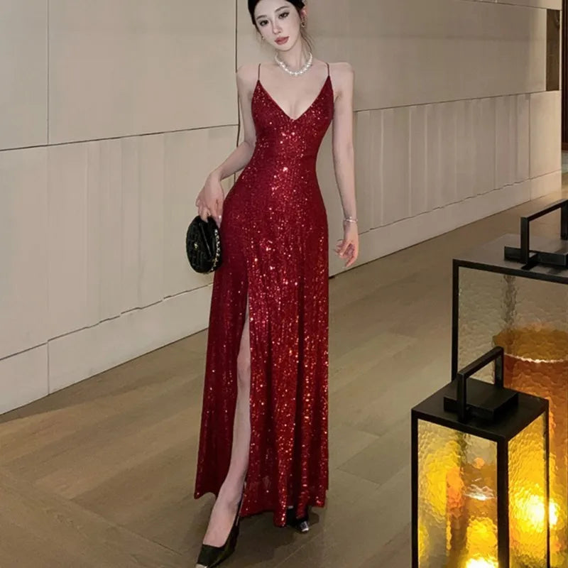 qgtao Sexy Backless Sequined Maxi Dresses for Women V-neck Lace-up High Split Evening Luxury Dress Fashion Birthday Party Prom Robe