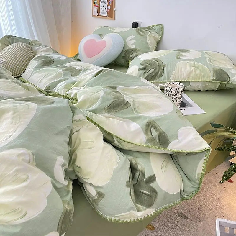 Yeknu Student Dormitory Three-piece Ins Oil Painting Wind Tulip Quilt Set Double Yarn Four-piece Set 1.8 Washed Cotton Bed Girl