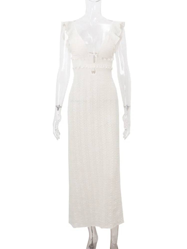 qgtao  Deep V Neck Sexy Dresses Women Sleeveless Slim High Waist Long Dress Femme Elegant Holiday Knitted Beach Dress Woman 2024