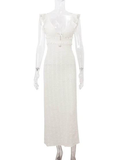 qgtao  Deep V Neck Sexy Dresses Women Sleeveless Slim High Waist Long Dress Femme Elegant Holiday Knitted Beach Dress Woman 2024