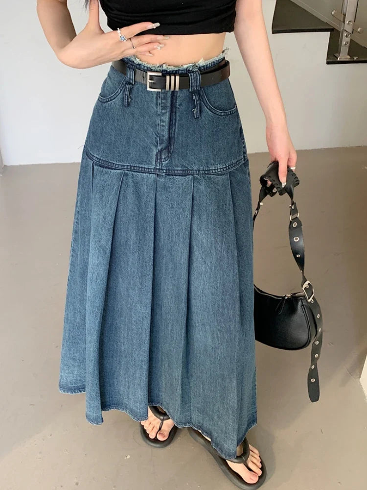 qgtao Long Skirts Women Vintage Spring Summer High Waist Jean Skirt Ladies  A-Line Ruffle Pleated Denim Skirt Plus Size With Belt