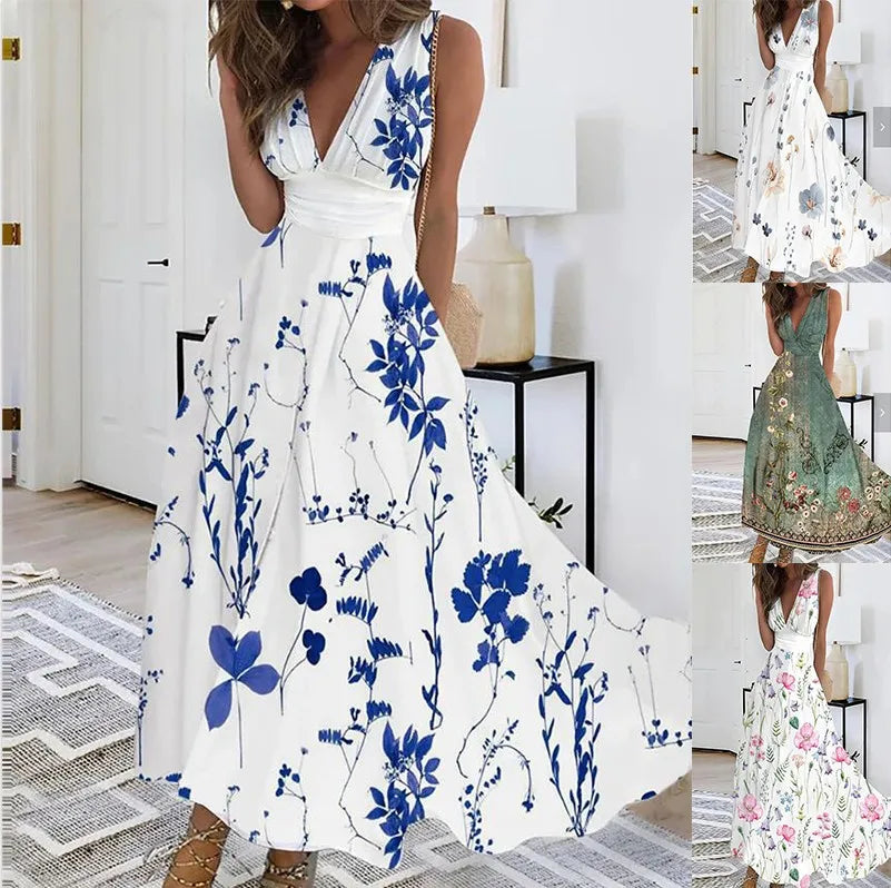Summer Women Dress 2024 Elegant Party Sleeveless Long Dress Robe Sexy Bohemian Print Dresses Vestidos Casual Swing Sundress