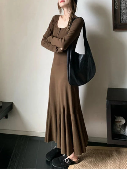 qgtao Black Long Dress Women Vintage Fishtail Dresses Female Party Fashion Long Sleeve Dress Ladies Elegant Casual Ruffle Robe