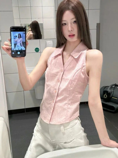 qgtao  -  Vintage Women Sleeveless Halter Polo Shirts Summer Y2k Pink Button Up Blouse Female Casual Slim Office Lady Clothes Chic