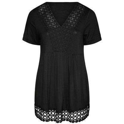 qgtao Plus Size Summer Elegant Peplum Tunic Women Short Sleeve Lace Panel V-neck Casual Blouse Top Plus Size Women Clothing 5XL 6XL