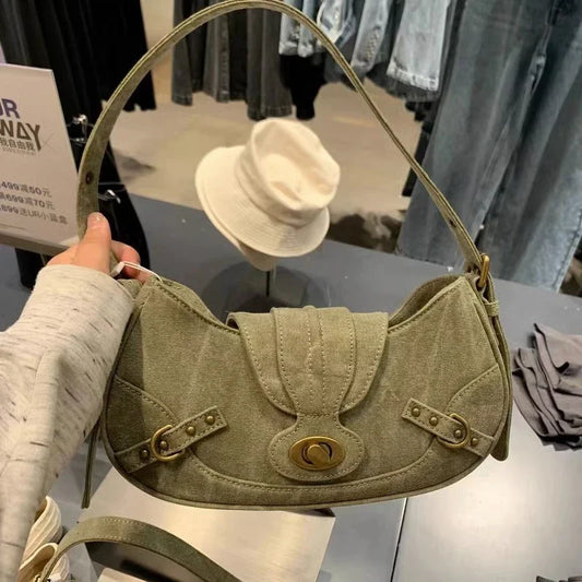 qgtao Y2k Vintage Shoulder Bag American Street Style Rivets Green Canvas Handbag Gothic Punk Biker Cool Designers Underarm Bag