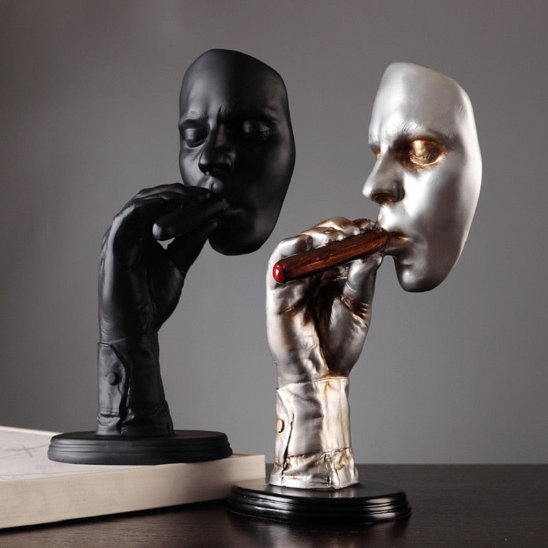 qgtao  Retro editators Abstract Sculpture an Smoking Cigar Creative Face Statue Character Resin Figurine Artwork Home Decorations