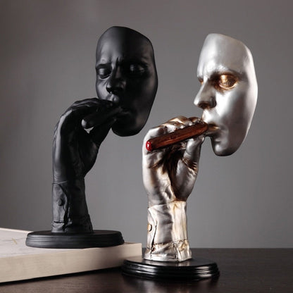 qgtao  Retro editators Abstract Sculpture an Smoking Cigar Creative Face Statue Character Resin Figurine Artwork Home Decorations