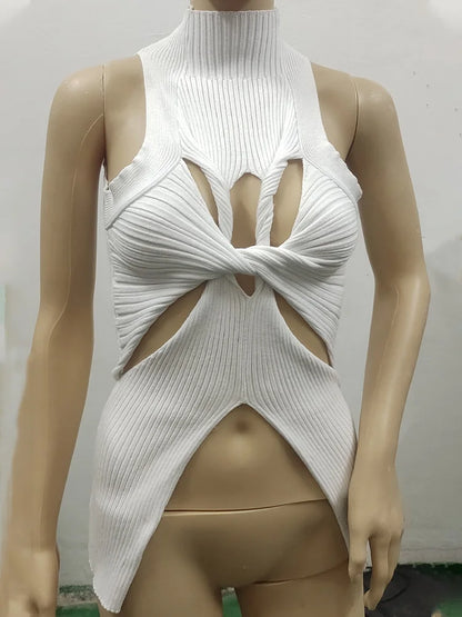 qgtao Sexy Crop Top Women T shirt Summer Cut Out Vest Round Collar Sleeveless Solid Knitting Tank Tops  Hollow Out Street wear