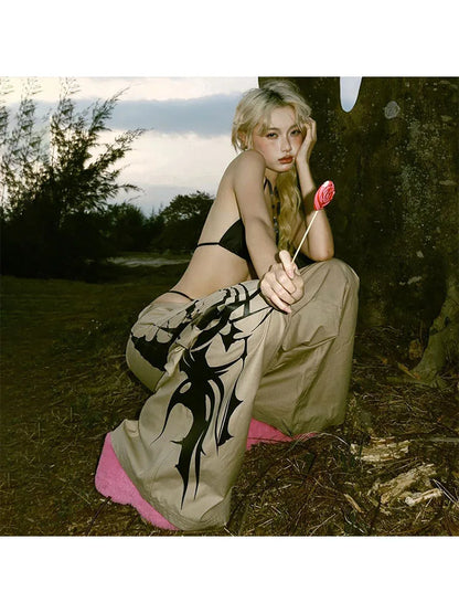 Woman Cotton Linen Pants Loose Trousers Low Waist Sweatpants Wide Leg Cargo Print Pants Classical Hiking Fashion Pant Kawaii