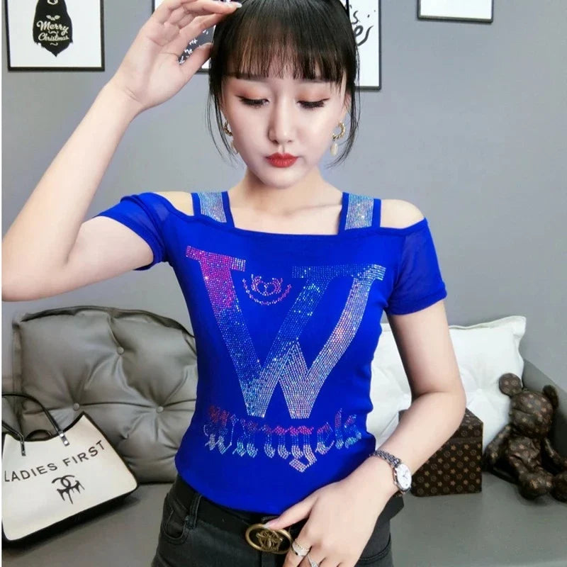 Runway Fashion European Women's Clothes Sexy Off Shoulder Letter Shiny Diamonds T-Shirts Luxury Brand Mesh Tees Tops Blouse