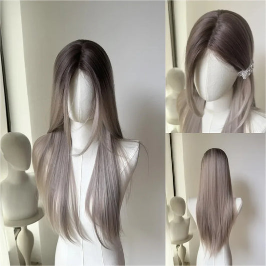 qgtao  -  Wig Long Straight Mixed Color Chocolate Gray 24 Inch Women's Lace Wig Natural Color Synthetic Wig for Cosplay