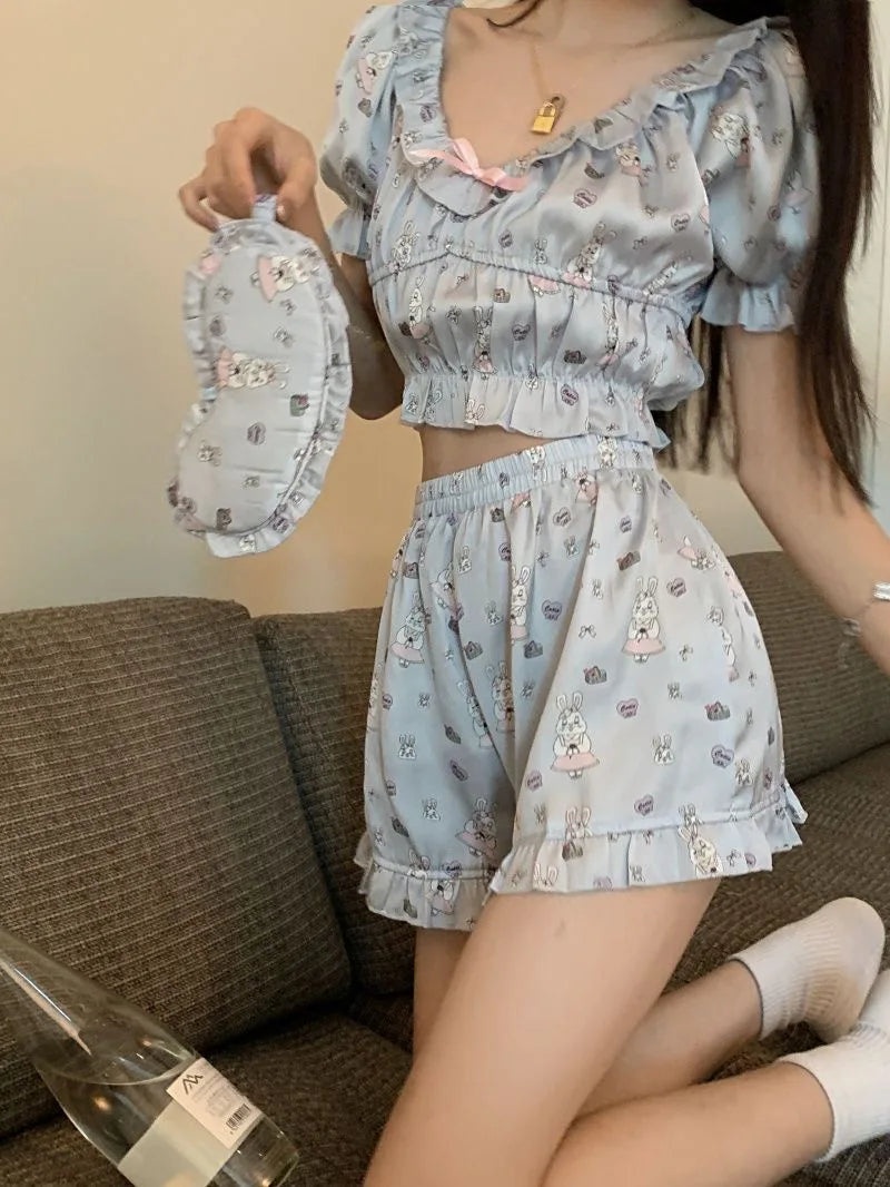 qgtao 3PCS Cute Rabbit Pajama Sets for Women Cartoon Print Sleepwear Girl Summer Short Sleeve Homewear Student Korean Sweet Nightwear