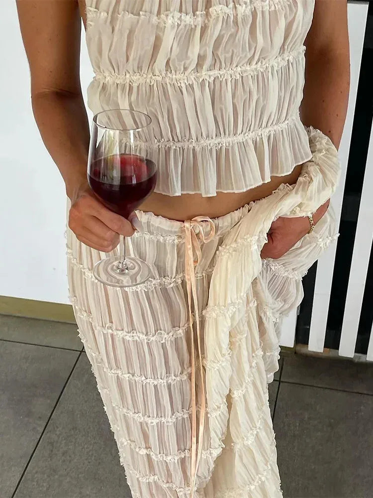 qgtao Solid Halter Long Skirt Suit For Women Fashion Backless Sling Top Lace Up Fold Skirts Set 2024 Spring Summer Female 2 Piece Set