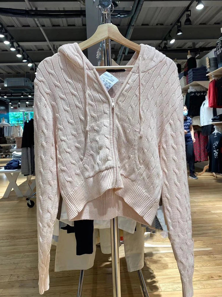 Solid Twist Knitted Hooded Cardigan Women Autumn Casual Cotton Ribbed Trim Zip-up Sweater Vintage Streetwear Cropped Tops Coat
