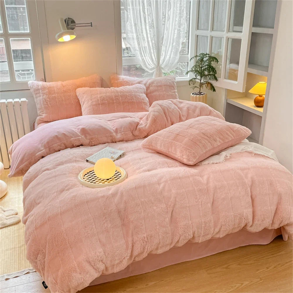 Yeknu Rabbit Plush Bedding Sets Milk Velvet Warm Four Piece Set Thicken Quilt Cover Bed Linen Pillowcase King Bedroom Decor