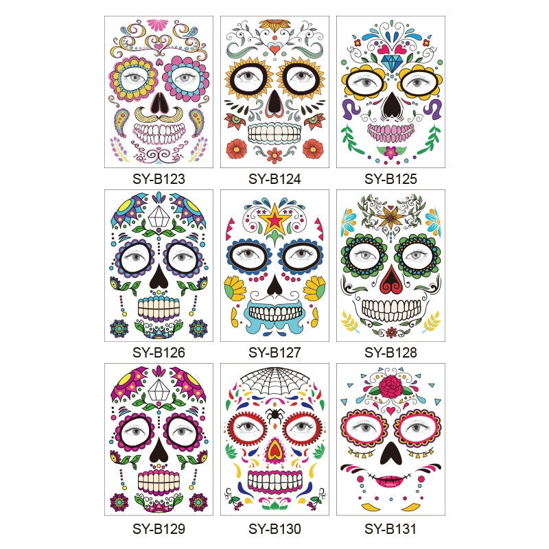 Halloween Temporary Tattoo Sticker Facial Makeup Cool Beauty Face Tattoo Waterproof Hot for Makeup party Of The Dead Skull Dress