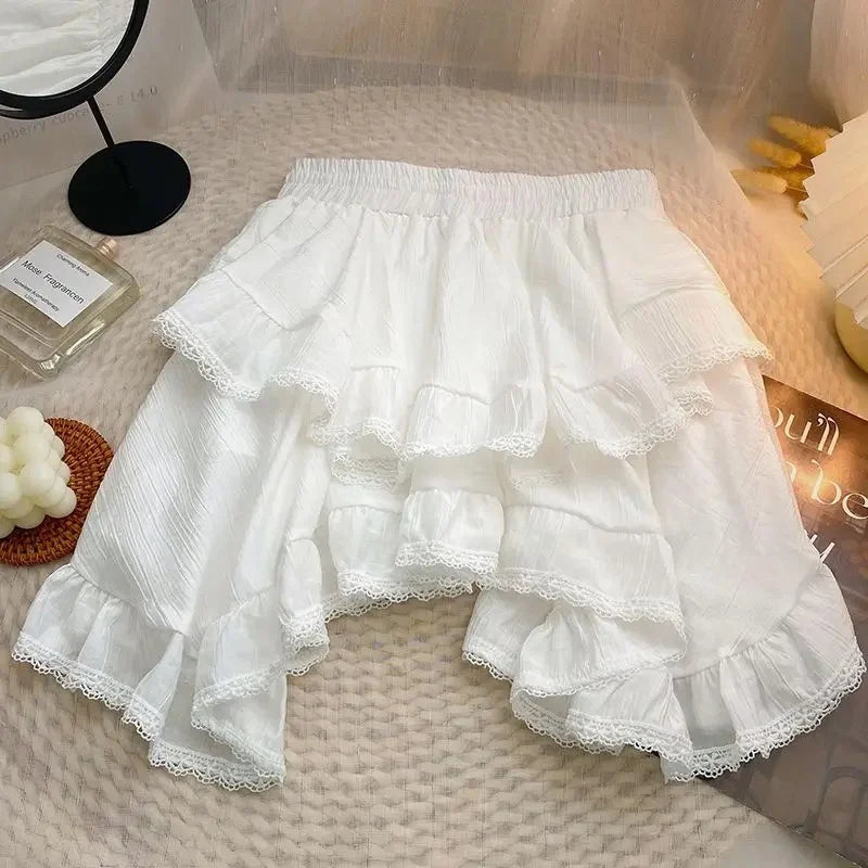 qgtao White Skirt Irregular Ruffles Kawaii Women Mini Skirts Japanese Style Sweet Patchwork Elegant Casual Black Short Skirt