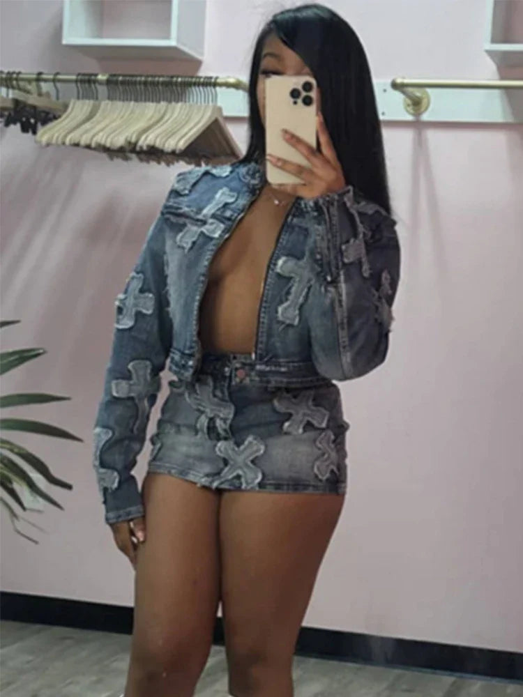 qgtao 2 Piece Denim Sets Womens Outfits Spring Long Sleeve Zipper Jacket and Mini Skirt Set Sweet Sexy Outfits