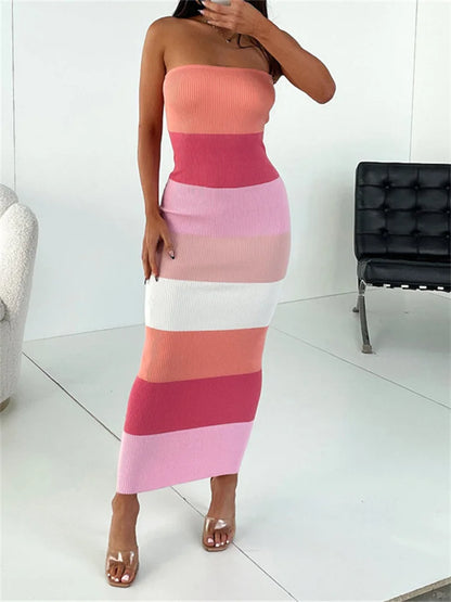 qgtao hirigin Women Summer Strapless Knitted Ribbed Dress Female Sexy Midi Vestidos Sleeveless Off Shoulder Dresses Striped Outfits