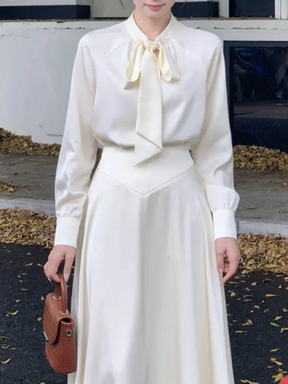 Fashion New Women Vintage Solid Casual Skirts Suit Elegant Shirts Tops A-Line Saya Two Pieces Set Female Party Outfits Clothes