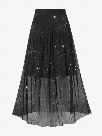 ROSEGAL Plus Size Sequins Pleated Skirt Women Black Fashion High Waisted Double-deck Skirts Ladies Streetwear Bottoms