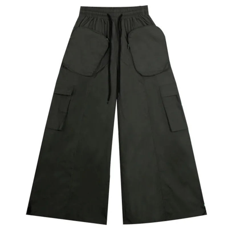 Deeptown Y2K Vintage Brown Cargo Pants Women Techwear Kpop High Waist Wide Leg Trousers Baggy Parachute Pants Korean Streetwear