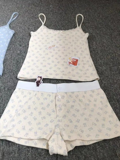 Little Bear Eyelet Cotton Vest Shorts Set Summer Sweet Bow Lace Camis Tops And Shorts Vintage Cute 2 Piece Sets Women Outfit New