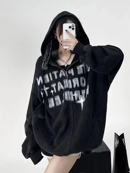 Hooded zip-up letter Print Women's Hoodie Y2k clothing High Street sweatshirts for men Round Neck Hoodies Vintage Dark Coat