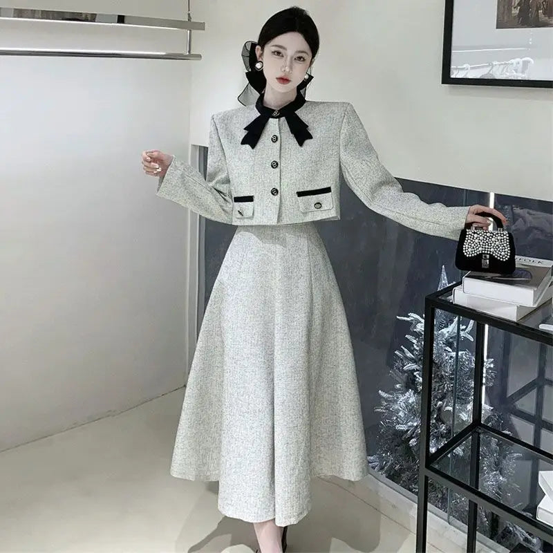 qgtao Korean Elegant Two Piece Set Women Autumn Chic Bow Coat Folds Midi Skirt Set Vintage Office Lady Formal Occasion Party Skirt Set