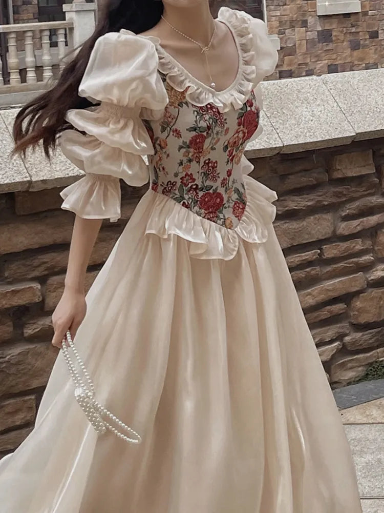 qgtao Vintage Elegant Print Floral Dress Women 2023 Autumn O-neck Casual Evening Party Midi Dress Female Puff Sleeve Korea Fairy Dress