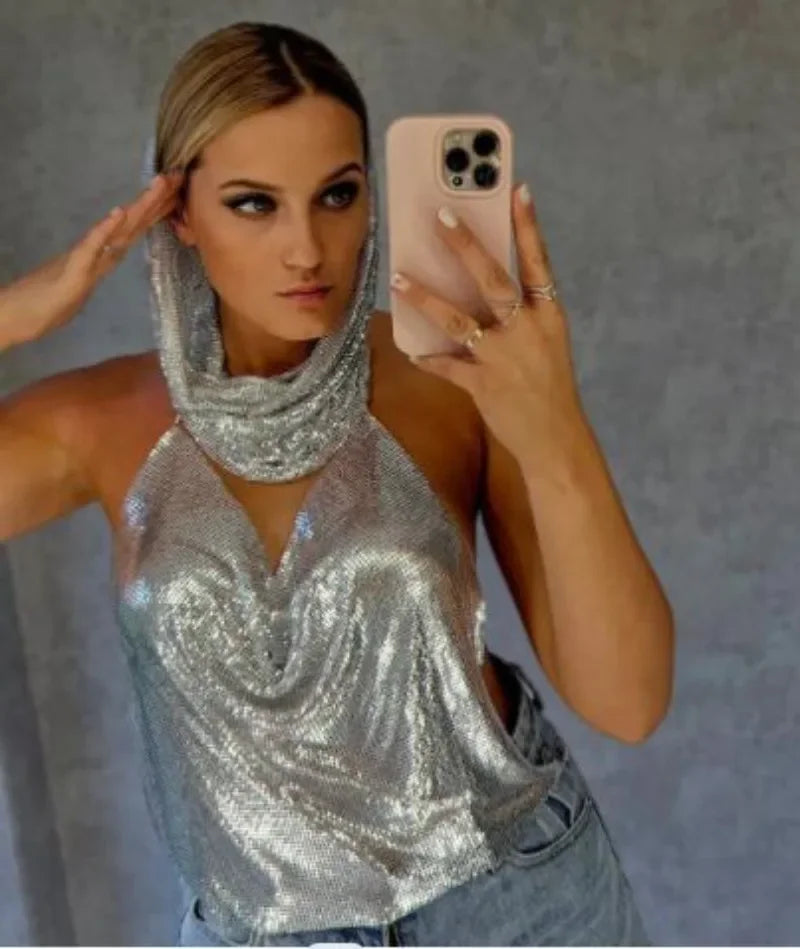 qgtao Fashion Metal Sequined Y2k Women Crop Top Tank Tops with Headscarf Metallic Sequins Sexy Backless Hollow Out Halter Corset top