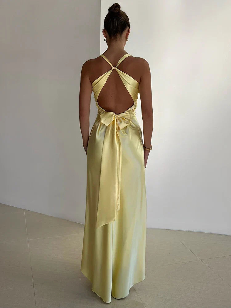 qgtao Satin Bow Backless Sexy Maxi Dress For Women Gown Fashion V Neck Sleeveless Club Party Evening Dress Elegant