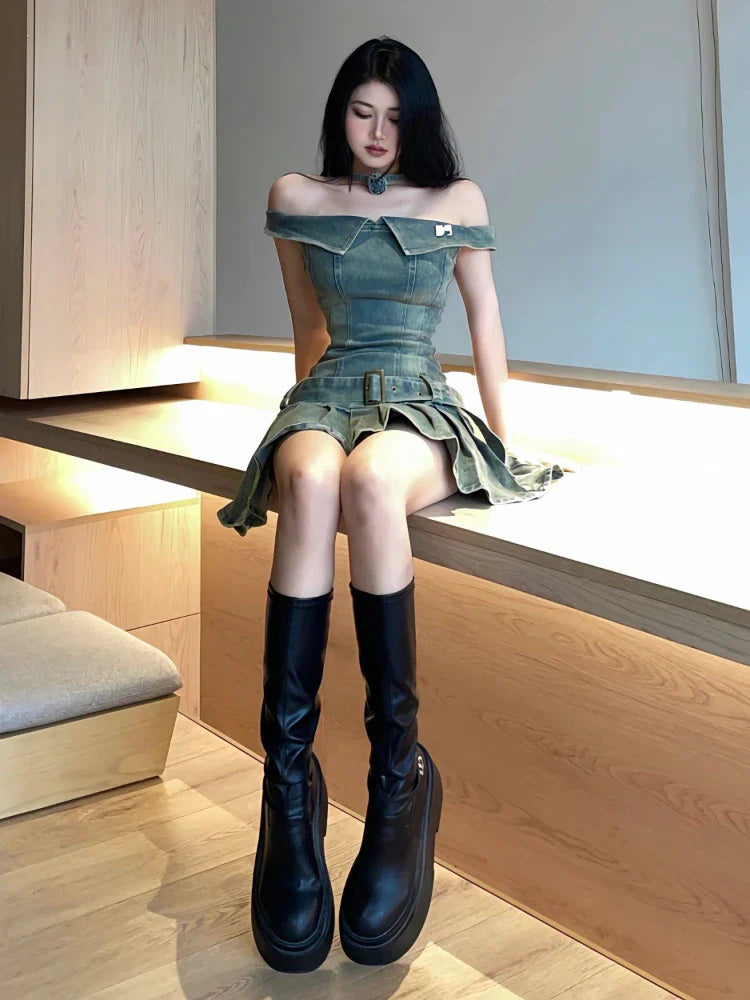 qgtao Streetwear Denim Mini Dress Women Sexy Slim Korean Fashion Vintage Off The Shoulder Pleated Dresses Summer Slash Neck