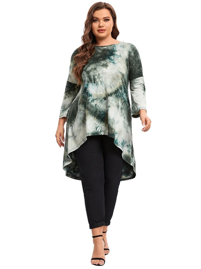 qgtao Plus Size Long Sleeve Elegant Tie Dye Tunic Tops Long Loose Spring Autumn Hi Low Swing Blouse Plus Size Clothing Women 6XL 7XL