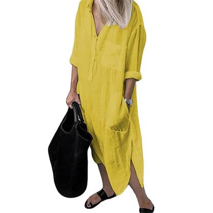 qgtao Plus Size Summer Women's Solid Color Split Dress Elegant Casual Button Pocket V-Neck Long Sleeve Lined Long Lined Dress 2024