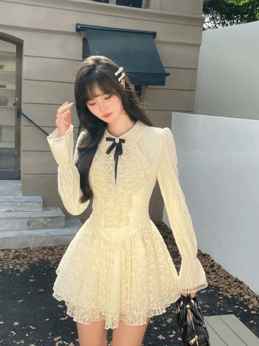 qgtao French Vintage Princess Lace Mini Dresses for Women Bow Flare Sleeves Ruffles A-line Birthday Party Kawaii Mini Vestidos New