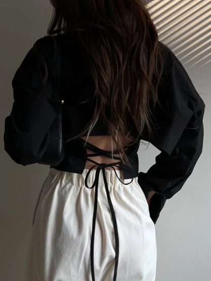 qgtao  -  Y2K Crop Top Women Vintage Long Sleeve Shirts Female Elegant Chic Lace-Up Blouse Ladies Summer Slim Single Breasted Blusas