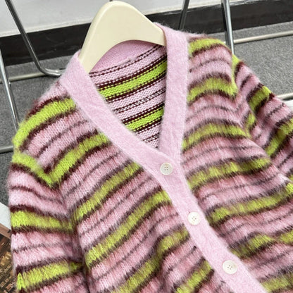 Autumn Striped Mohair Knitted Cardigans Winter Women Vintage Gentle Elegant Loose Sweater Casual V-neck Long Sleeve Knitwear