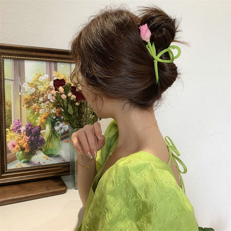 2022 Korean Fashion Pink 3D Tulip Hair Claws Women Girls Summer Shark Clip Hair Accessories Leaves Flowers Ponytail Gradient