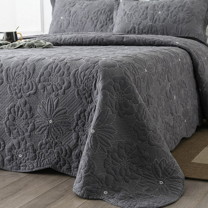 Yeknu 100% Cotton Grey Flowers 3pcs Embroidered Quilted Quilt Pillowcase Free Shipping