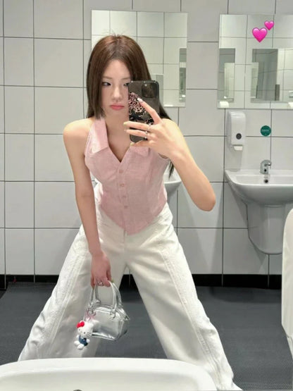 qgtao  -  Vintage Women Sleeveless Halter Polo Shirts Summer Y2k Pink Button Up Blouse Female Casual Slim Office Lady Clothes Chic