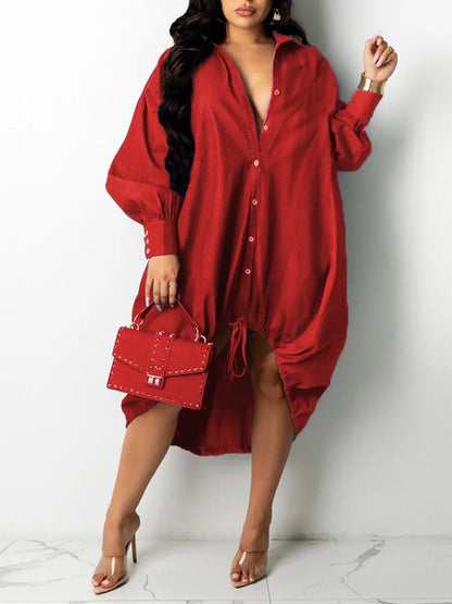 qgtao  Plus Size dresses Drawstring Patchwork Shirt Dress Fashion Drop Shoulder Long Sleeve Shirt Collar Women Streetwears vestido