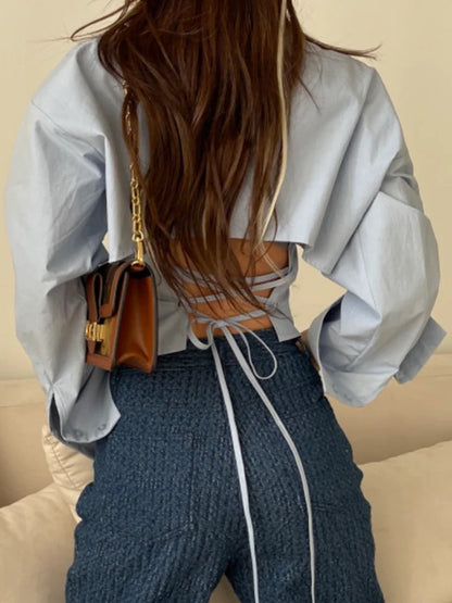 qgtao  -  Y2K Crop Top Women Vintage Long Sleeve Shirts Female Elegant Chic Lace-Up Blouse Ladies Summer Slim Single Breasted Blusas