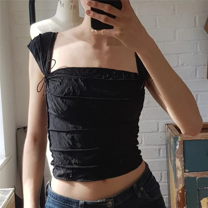 qgtao  -  Y2K Cute Bow Lace Up Crop Top Aesthetic Texture Square-neck Sleeveless T Shirt Summer Women Streetwear Slim Tees