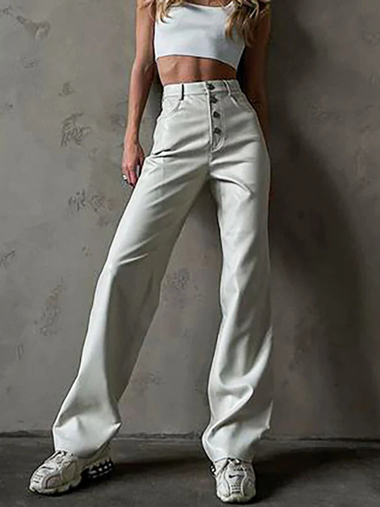 qgtao  Fashion White PU Leather High Rise Pants Street wear Casual Button Up Straight Leg Pants for Women Trousers Pants