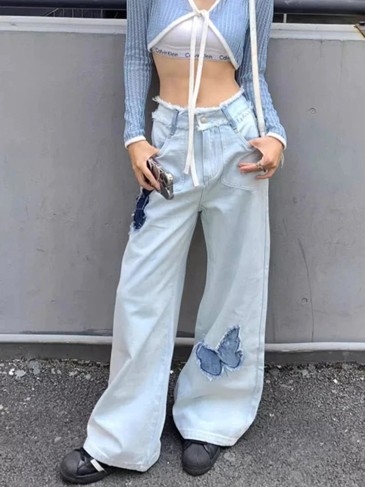 qgtao  -  Blue Jeans Plus Size Women Y2k Fashion Loose Butterfly Patchwork Causal High Waist Denim Pants Streetwear Retro Bottoms