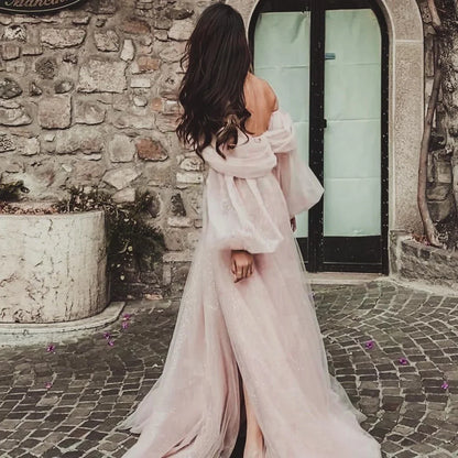 qgtao  Pink Shiny Tulle Prom Dresses Off The Shoulder Long Puff Sleeve Evening Party Gowns Slit Women Arabia Wedding Dress
